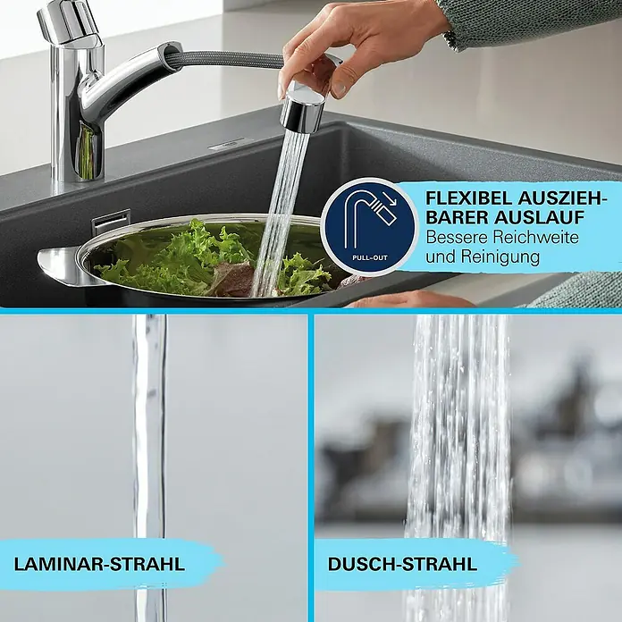 Grohe QuickFix Spültischarmatur Start - Chrom, Ausziehbar, Glänzend - Bild einer Spültischarmatur mit ausziehbarem Auslauf, die einen Laminar- und einen Duschstrahl erzeugt, ideal für eine flexible Küchennutzung.