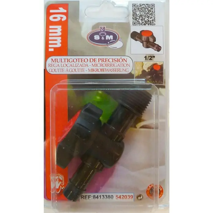 Llave de paso goteo macho ½" - Diámetro: 16 mm, 1 ud. - Imagen de un sistema de riego por goteo de precisión S&M, empaquetado para microirrigación localizada.
