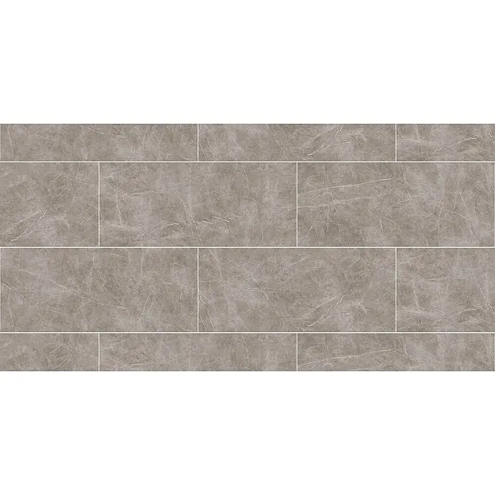 Corso Italia Feinsteinzeugfliese Marble - 120 x 278 cm, Grau, Glänzend - Graue Marmorfliesen mit subtiler weißer Äderung, in einem Gittermuster mit dünnen weißen Fugen angeordnet.