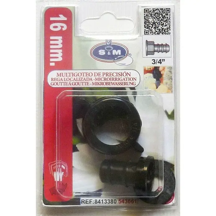 Conector para manguera goteo Hembra - ¾″, 16 mm, Plástico - Primer plano de un racor de microirrigación de precisión S&M, 16 mm, para un riego eficiente y específico en el jardín.