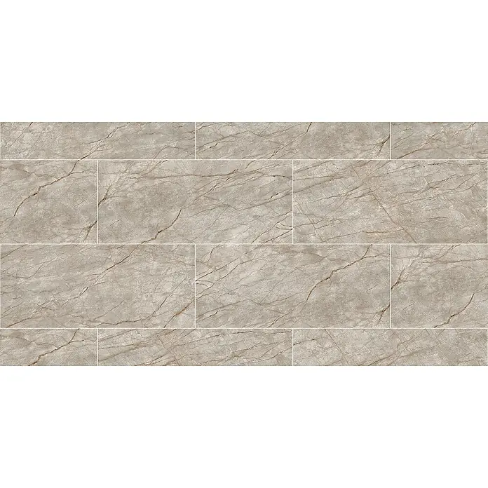 Corso Italia Feinsteinzeugfliese Crimson - 120 x 278 cm, Grau, Glänzend - Beige-graue Marmorfliesen mit brauner Äderung.