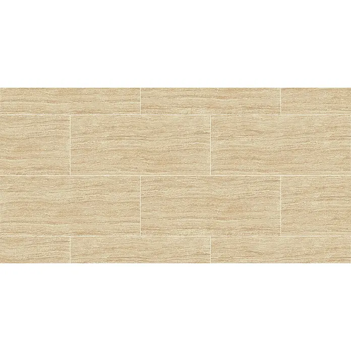 Corso Italia Feinsteinzeugfliese Traventino - 120 x 278 cm, Sand, Matt - Helle beigefarbene Fliesen in Travertin-Optik mit natürlichem, gebändertem Muster für stilvolle Böden und Wände.