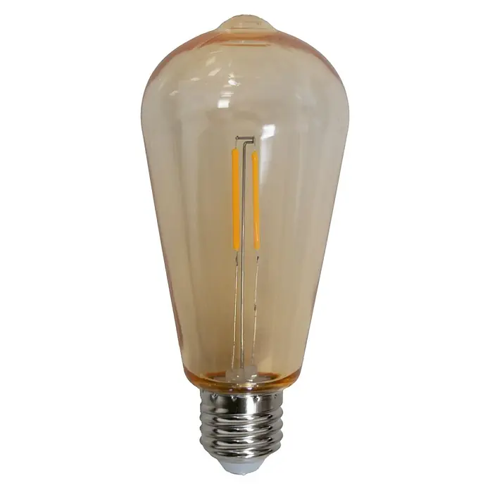 New Garden Guirnalda y pack de bombillas Allegra - Redonda, 10 ud. - Primer plano de una bombilla LED ámbar con un diseño vintage, que emite luz cálida y muestra un elemento decorativo.