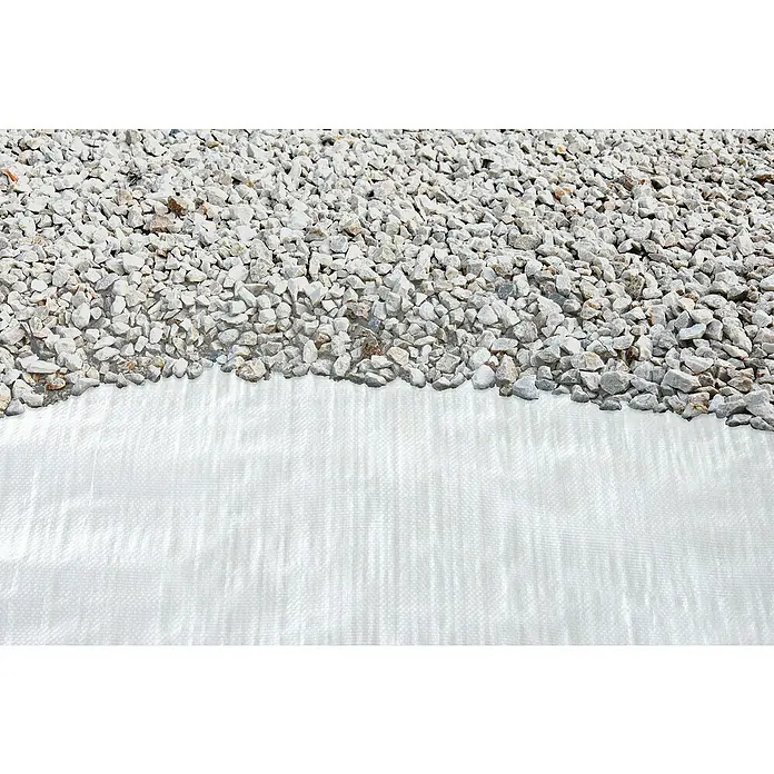 Faura Tejido contra malas hierbas - 10 x 1,25 m, Blanco - Primer plano de grava de color claro sobre una capa protectora blanca, ideal para jardinería y paisajismo.