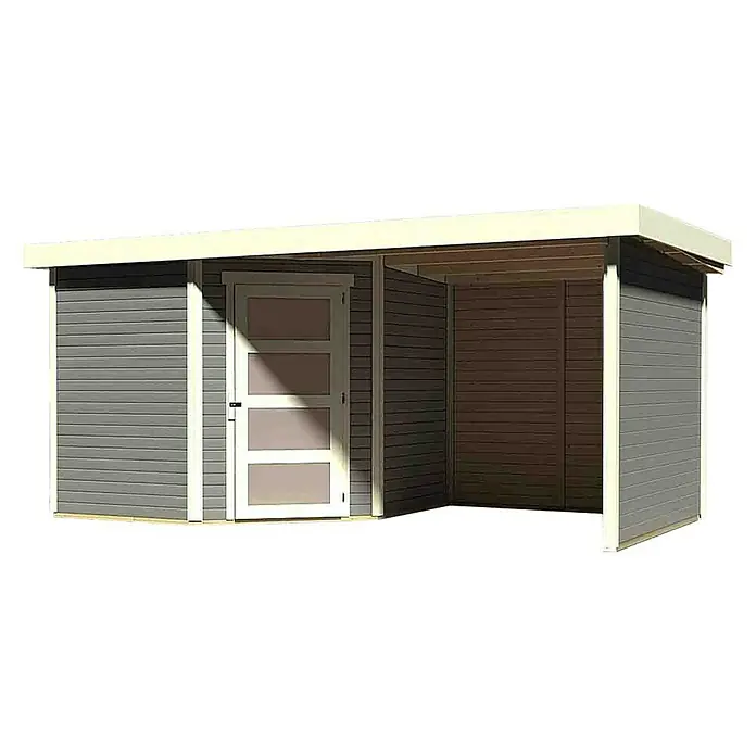 Karibu Gartenhaus Schwandorf 5 - Außenmaß inkl. Dachüberstand (B x T): 492,5 x 262 cm, Holz, Terragrau, Mit Seitendach, Rück- und Seitenwand - Ein modernes Gartenhaus mit Flachdach, grauer Fassade und einer Tür mit Glaseinsätzen bietet praktischen Stauraum im Außenbereich.