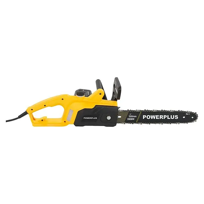 PowerPlus Motosierra eléctrica POWEG10020 - 2.000 W, Longitud de la cuchilla: 35 cm, Grosor de rama máx.: 35 cm - Una motosierra Powerplus amarilla y negra con una longitud de espada de 350 mm y una potencia de 2000 W.