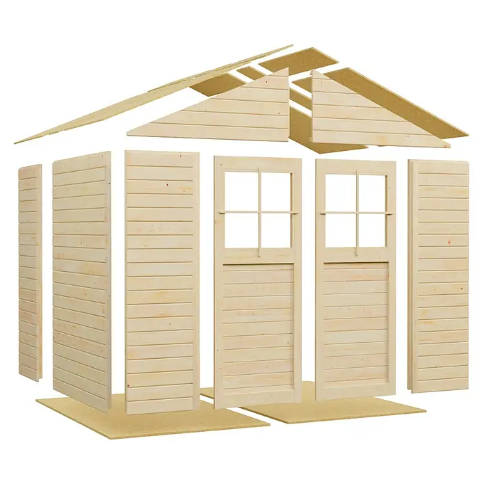 Bertilo Gartenhaus Osterbek - Außenmaß inkl. Dachüberstand (B x T): 191 x 259 cm, Holz - Abbildung eines Holzgartenhauses im Bausatzformat, das die einzelnen Komponenten hervorhebt.