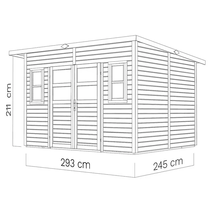 Bertilo Gartenhaus Felix 4 - Außenmaß inkl. Dachüberstand (B x T): 277 x 334 cm, Holz, Naturbelassen - Abbildung eines Gartenhauses mit den Maßen 211 cm Höhe, 293 cm Breite und 245 cm Tiefe. Ideal für die Gartenaufbewahrung.