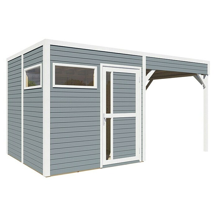 Bertilo Gerätehaus Cubus 2 Lounge (Außenmaß inkl. Dachüberstand (B x T): 240 x 449 cm, Holz, Hellgrau/ Weiß) | BAUHAUS