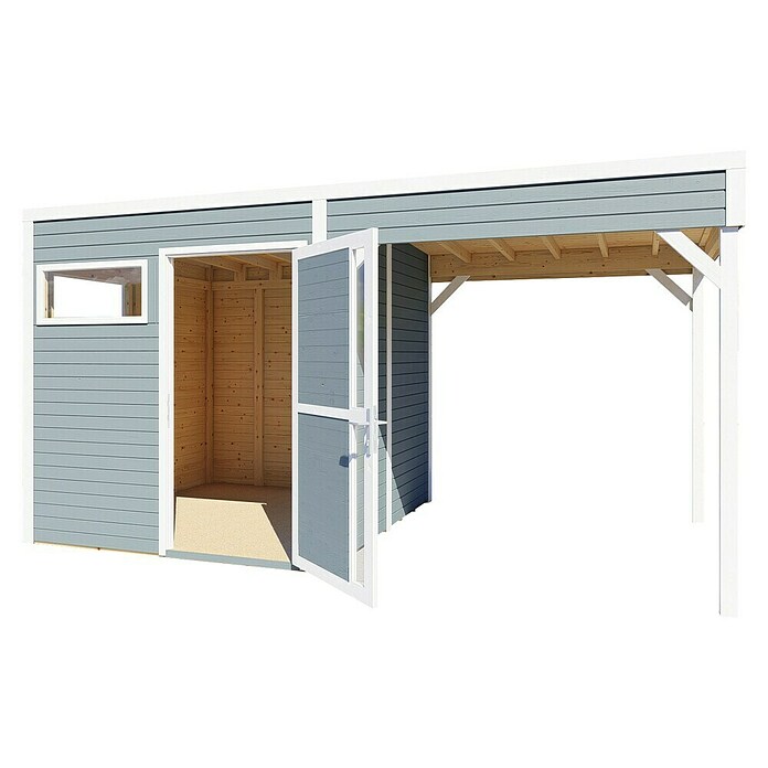 Bertilo Gerätehaus Cubus 2 Lounge (Außenmaß inkl. Dachüberstand (B x T): 240 x 449 cm, Holz, Hellgrau/ Weiß) | BAUHAUS