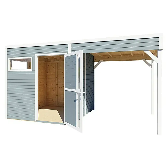 Bertilo Gerätehaus Cubus 2 Lounge - Außenmaß inkl. Dachüberstand (B x T): 240 x 449 cm, Holz, Hellgrau/ Weiß - Das Bild zeigt ein Gartenhaus mit geöffneter Tür und einem kleinen Fenster, daneben ein überdachter Bereich.