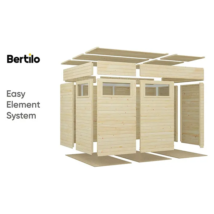 Bertilo Gartenhaus Cubus 3 - Außenmaß inkl. Dachüberstand (B x T): 240 x 336 cm, Holz, Naturbelassen - Abbildung eines Bertilo-Gartenhauses im Baukastensystem, das die einfache Montage und Konstruktion des Holzhauses hervorhebt.