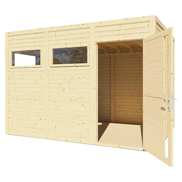 Bertilo Gartenhaus Cubus 3 - Außenmaß inkl. Dachüberstand (B x T): 240 x 336 cm, Holz, Naturbelassen - Das Bild zeigt ein modernes Holzgartenhaus mit Doppeltür und Fenstern, ideal für jeden Garten.