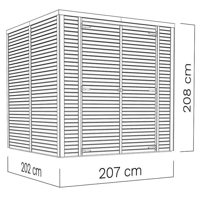 Bertilo Gerätehaus Box 3 - Außenmaß inkl. Dachüberstand (B x T): 212 x 212 cm, Holz, Naturbelassen - Abbildung eines Gartenhauses mit Abmessungen, die seine Grösse und seine Proportionen hervorheben.