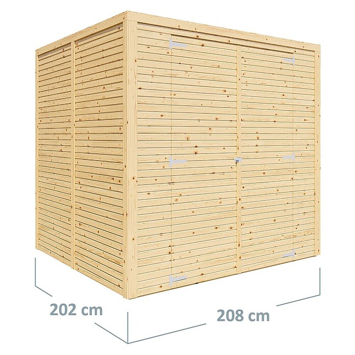 Bertilo Gerätehaus Box 3 (Außenmaß inkl. Dachüberstand (B x T): 212 x 212 cm, Holz, Naturbelassen) | BAUHAUS