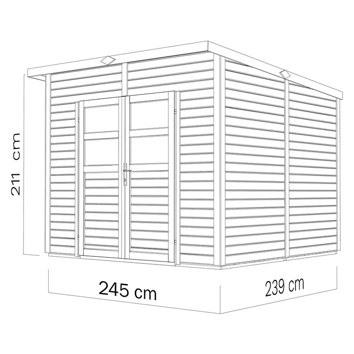 Bertilo Gerätehaus Felix 3 - Außenmaß inkl. Dachüberstand (B x T): 254 x 251 cm, Holz, Hellgrau/ Weiß - Abbildung eines Gerätehauses mit den Maßen 245 cm x 239 cm und einer Höhe von 211 cm. Das Gerätehaus ist aus Holz gefertigt.