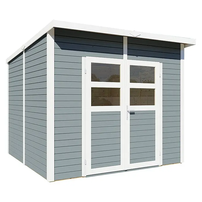 Bertilo Gerätehaus Felix 3 - Außenmaß inkl. Dachüberstand (B x T): 254 x 251 cm, Holz, Hellgrau/ Weiß - Ein graues Gartenhaus mit weißen Akzenten und einer Doppeltür mit Fenstern, ideal für die Lagerung von Gartengeräten und Werkzeugen.