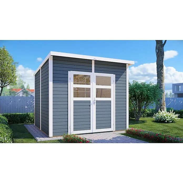 Bertilo Gerätehaus Felix 3 - Außenmaß inkl. Dachüberstand (B x T): 254 x 251 cm, Holz, Hellgrau/ Weiß - Ein geräumiges Gartenhaus in Grau mit weißen Akzenten und Doppeltüren, ideal für die Aufbewahrung von Gartengeräten.