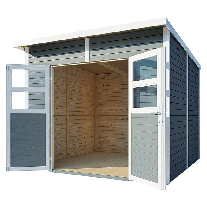 Bertilo Gerätehaus Felix 3 - Außenmaß inkl. Dachüberstand (B x T): 254 x 251 cm, Holz, Hellgrau/ Weiß - Eine offene graue Holzhütte mit weißen Akzenten und doppelten Fenstertüren. Ideal für Gartenlagerung.