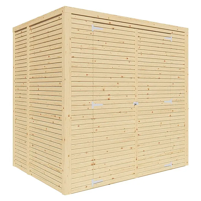 Bertilo Gerätehaus Box 2 - Außenmaß inkl. Dachüberstand (B x T): 170 x 170 cm, Holz, Naturbelassen - Bild eines Holzschuppens mit Doppeltüren, ideal für die Gartenaufbewahrung. Das unbehandelte Holz verleiht eine natürliche Optik.