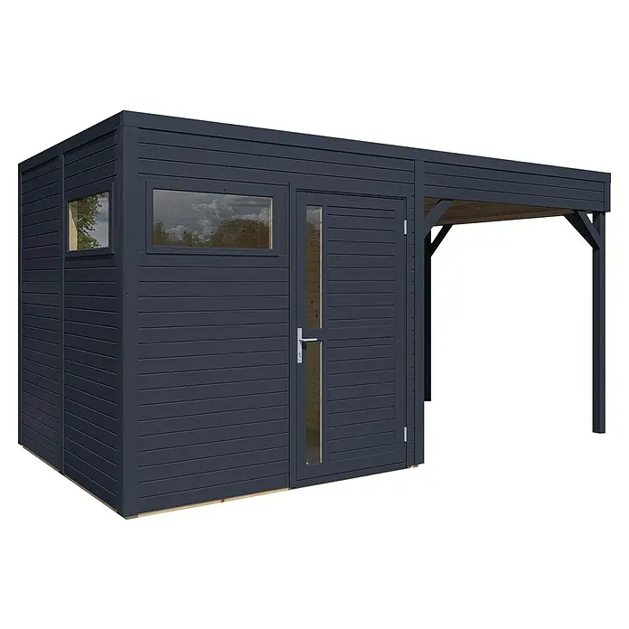 Bertilo Gerätehaus Cubus 2 Lounge - Außenmaß inkl. Dachüberstand (B x T): 240 x 449 cm, Holz, Anthrazit - Abbildung eines modernen Gartenhauses mit Fenster, Tür und einem überdachten Bereich, ideal für Entspannung im Freien.