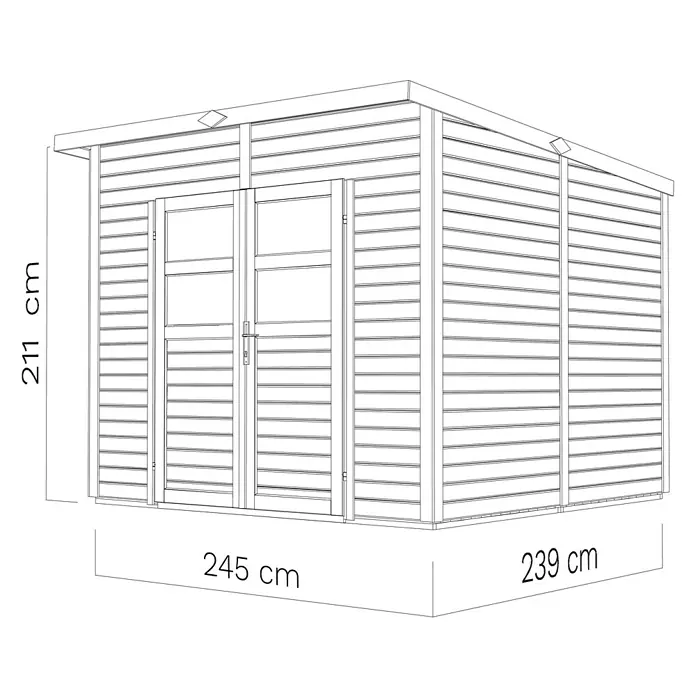 Bertilo Gerätehaus Felix 3 - Außenmaß inkl. Dachüberstand (B x T): 254 x 251 cm, Holz, Naturbelassen - Abbildung eines Gartenhauses mit den Maßen 211 cm Höhe, 245 cm Breite und 239 cm Tiefe.