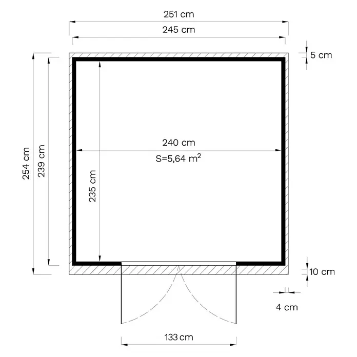 Bertilo Gerätehaus Felix 3 - Außenmaß inkl. Dachüberstand (B x T): 254 x 251 cm, Holz, Hellgrau/ Weiß - Grundriss des Raumes mit Maßangaben und Türöffnung, ideal für Architektur- oder Bauprojekte zur Visualisierung der Raumaufteilung.