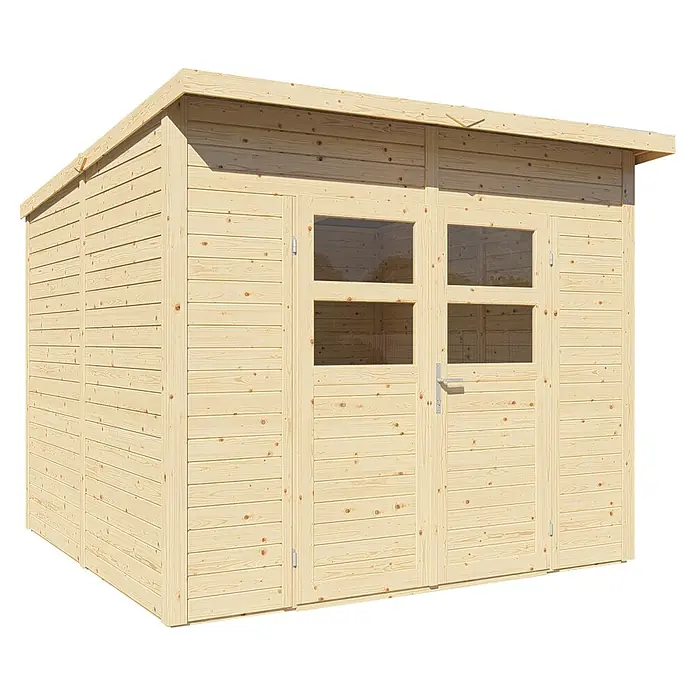 Bertilo Gerätehaus Felix 3 - Außenmaß inkl. Dachüberstand (B x T): 254 x 251 cm, Holz, Naturbelassen - Ein geräumiges Holzgartenhaus mit Doppeltür und Fenstern, ideal für die Aufbewahrung von Gartengeräten und mehr.