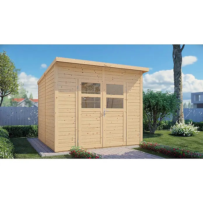 Bertilo Gerätehaus Felix 3 - Außenmaß inkl. Dachüberstand (B x T): 254 x 251 cm, Holz, Naturbelassen - Hölzernes Gartenhaus mit Doppeltür und Fenstern, ideal zur Aufbewahrung von Gartengeräten und Werkzeugen im Außenbereich.