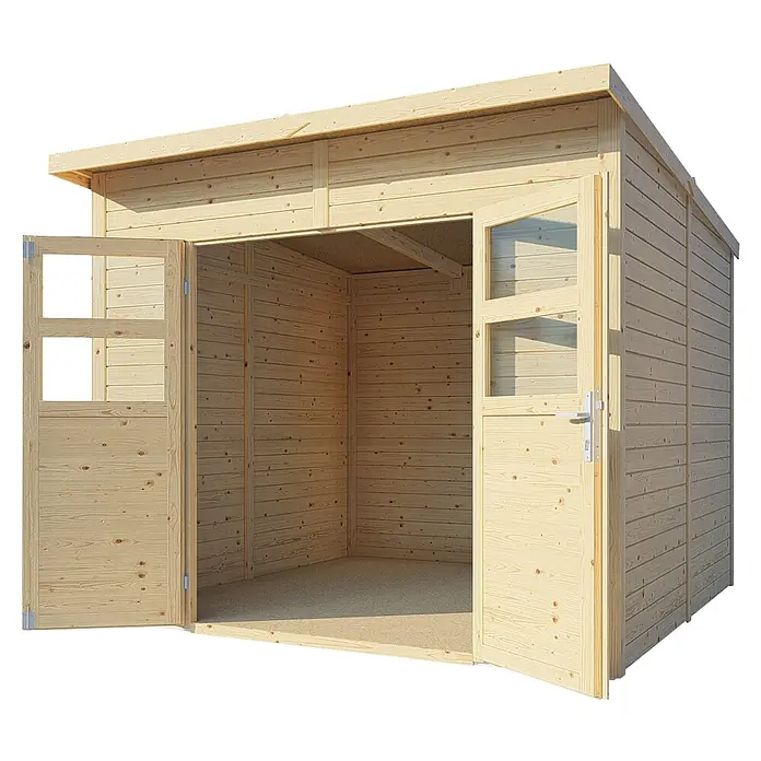 Bertilo Gerätehaus Felix 3 - Außenmaß inkl. Dachüberstand (B x T): 254 x 251 cm, Holz, Naturbelassen - Ein offener Holzschuppen mit Doppeltüren, ideal für die Gartenaufbewahrung. Der unbehandelte Schuppen bietet viel Platz und Gestaltungsmöglichkeiten.