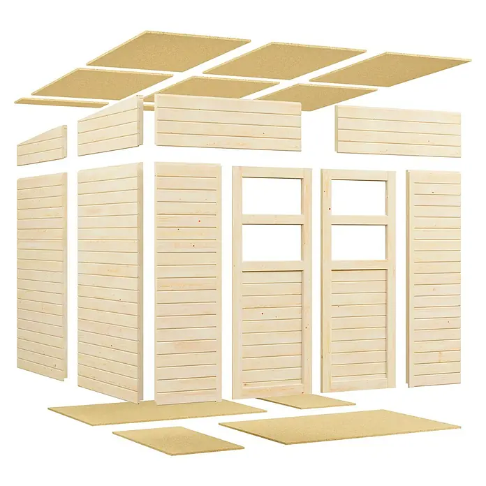 Bertilo Gerätehaus Felix 3 - Außenmaß inkl. Dachüberstand (B x T): 254 x 251 cm, Holz, Naturbelassen - Abgebildete Holzhaus-Konstruktion mit Wandpaneelen, Fenstertüren, Decken- und Bodenelementen in einer hellen Holzoptik.