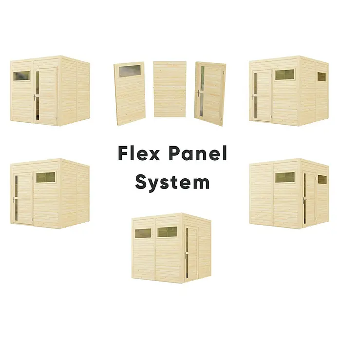 Gerätehaus Cubus 2 - Außenmaß inkl. Dachüberstand (B x T): 240 x 223 cm, Holz, Naturbelassen - Abbildung eines Flex Panel Systems, das vielseitige Gestaltungsmöglichkeiten bietet. Das Bausatz-System ist aus Holz gefertigt und einfach aufzubauen.