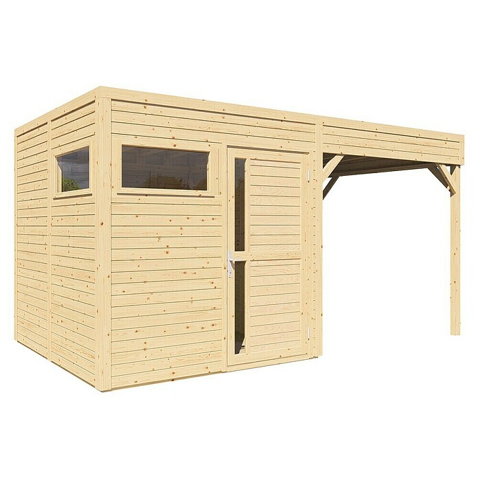 Bertilo Gerätehaus Cubus 2 Lounge (Außenmaß inkl. Dachüberstand (B x T): 240 x 449 cm, Holz, Naturbelassen) | BAUHAUS