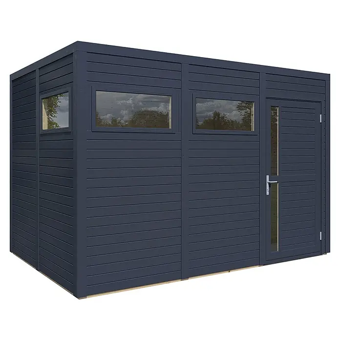 Bertilo Gartenhaus Cubus 3 - Außenmaß inkl. Dachüberstand (B x T): 240 x 336 cm, Holz, Anthrazit - Moderne, dunkel gestrichene Gartensauna mit Fenstern und Tür, ideal für entspannende Momente im eigenen Garten.