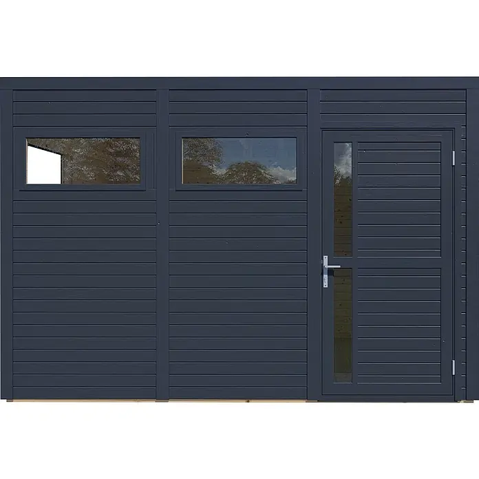 Bertilo Gartenhaus Cubus 3 - Außenmaß inkl. Dachüberstand (B x T): 240 x 336 cm, Holz, Anthrazit - Außenansicht eines modernen Holzgartenhauses mit Fenstern und einer Tür. Das Holz ist dunkelgrau gestrichen.