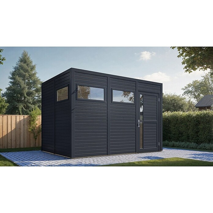 Bertilo Gartenhaus Cubus 3 (Außenmaß inkl. Dachüberstand (B x T): 240 x 336 cm, Holz, Anthrazit) | BAUHAUS