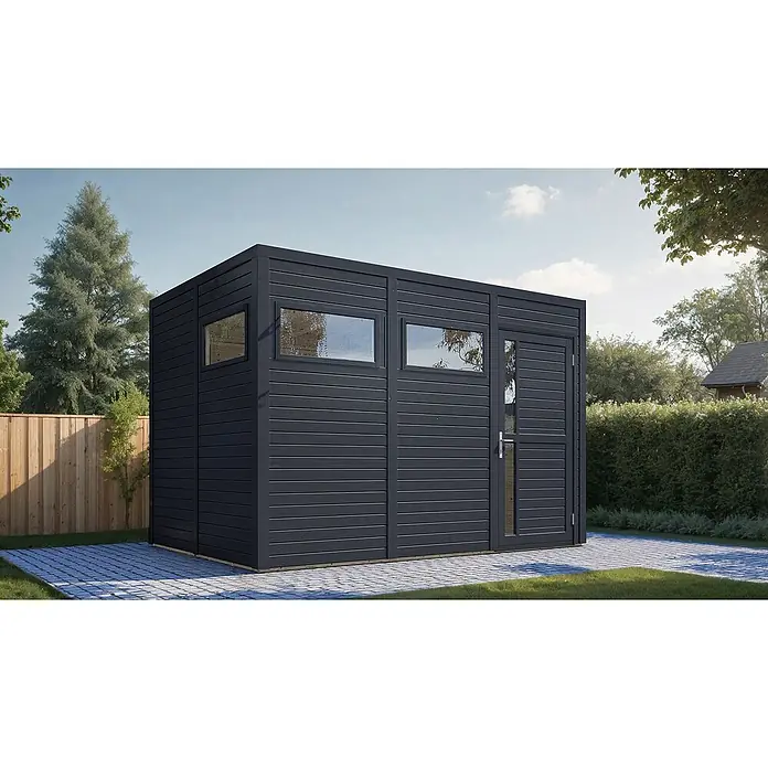 Bertilo Gartenhaus Cubus 3 - Außenmaß inkl. Dachüberstand (B x T): 240 x 336 cm, Holz, Anthrazit - Modernes Gartenhaus mit Fenster und Tür. Das Holzhaus ist dunkelgrau und harmoniert perfekt mit dem grünen Garten. Ideal für Geräte oder als Hobbyraum.