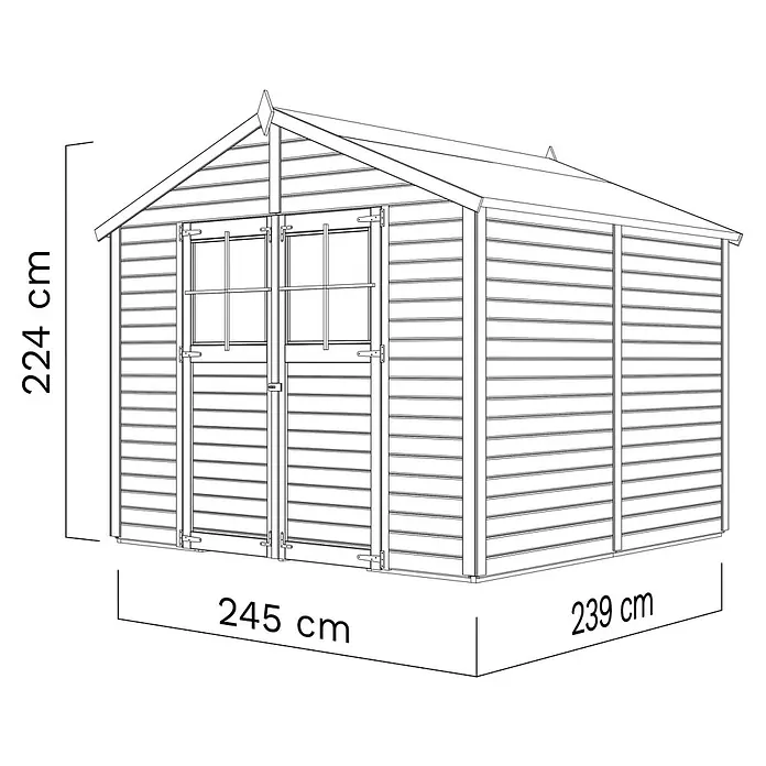 Bertilo Gartenhaus Osterbek - Außenmaß inkl. Dachüberstand (B x T): 252 x 258 cm, Holz - Darstellung eines Gartenhauses mit den Maßen 224 cm Höhe, 245 cm Breite und 239 cm Tiefe.\n