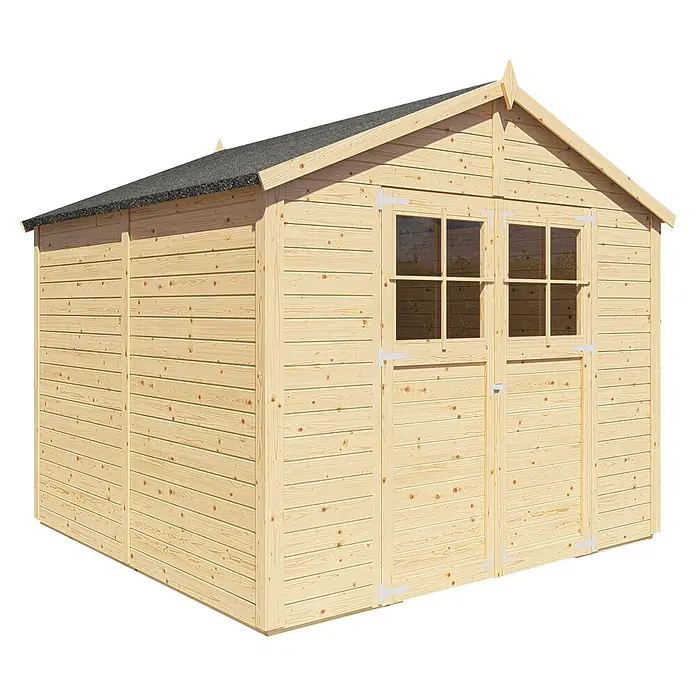 Bertilo Gartenhaus Osterbek - Außenmaß inkl. Dachüberstand (B x T): 252 x 258 cm, Holz - Ein geräumiges Holzgartenhaus mit Fenstern und Doppeltüren, ideal für die Aufbewahrung von Gartengeräten und mehr.