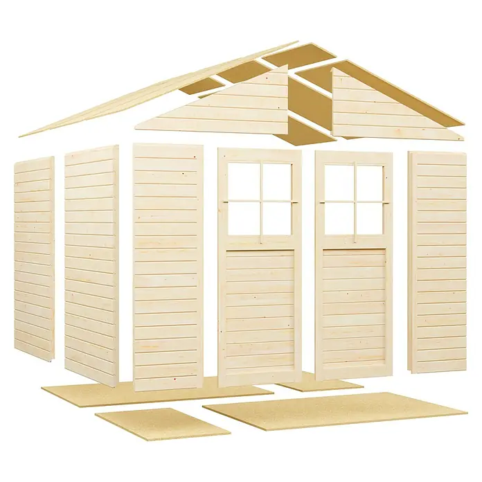 Bertilo Gartenhaus Osterbek - Außenmaß inkl. Dachüberstand (B x T): 252 x 258 cm, Holz - Holzhütte zur Selbstmontage. Das Gartenhaus hat ein Giebeldach und Doppeltüren mit Fenstern, ideal für den Garten.