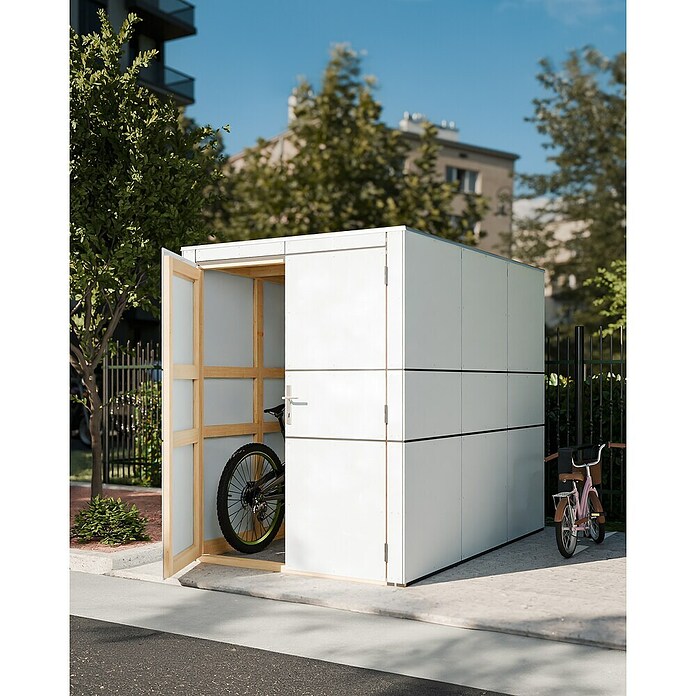 Bertilo Gerätehaus HPL Bike (Außenmaß inkl. Dachüberstand (B x T): 228 x 155 cm, Holz, Weiß) | BAUHAUS