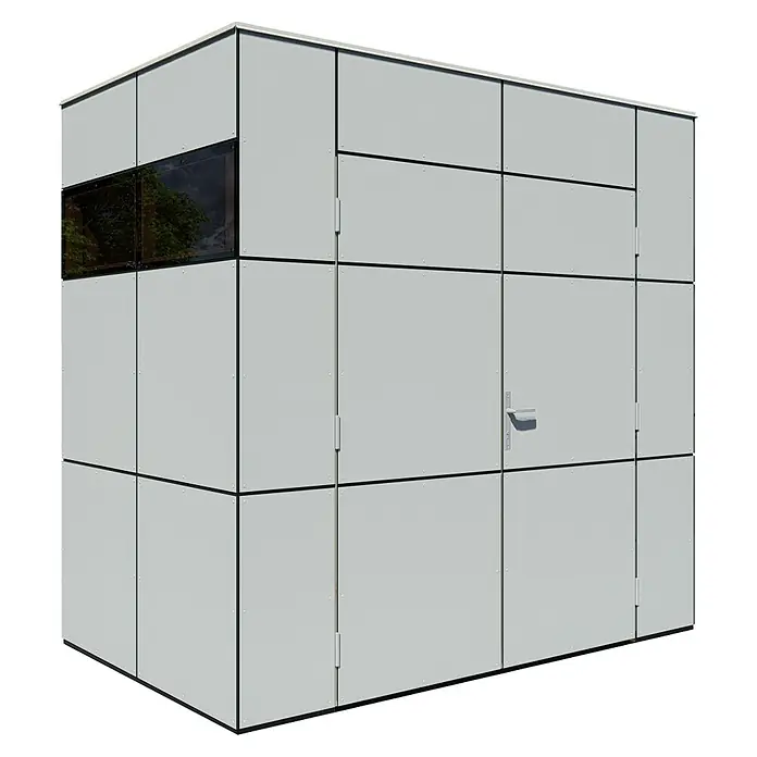 Bertilo Gerätehaus HPL Mini - Außenmaß inkl. Dachüberstand (B x T): 160 x 230 cm, Holz, Silbergrau - Ansicht eines modularen weißen Lagergebäudes mit quadratischen Platten, schwarzen Umrandungen und einem Fenster. Eine Tür mit Griff ist auch vorhanden.