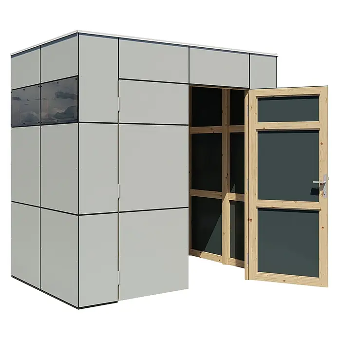 Bertilo Gerätehaus HPL Mini - Außenmaß inkl. Dachüberstand (B x T): 160 x 230 cm, Holz, Silbergrau - Ein modernes, graues Gartenhaus mit einer einladenden Holztür, die offen steht, um den Zugang zu ermöglichen. Das Haus bietet Stauraum und Schutz.
