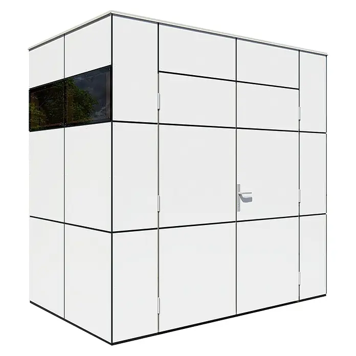 Bertilo Gerätehaus HPL Mini - Außenmaß inkl. Dachüberstand (B x T): 160 x 230 cm, Holz, Weiß - Das Bild zeigt eine moderne, weiße Gerätebox mit einer Tür und einem Fenster, die sich durch ihr schlichtes, würfelförmiges Design auszeichnet.