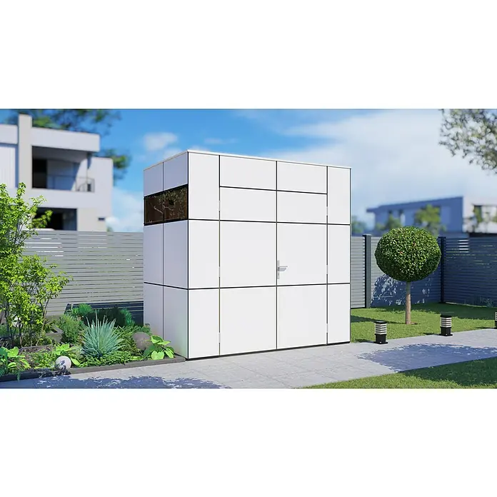 Bertilo Gerätehaus HPL Mini - Außenmaß inkl. Dachüberstand (B x T): 160 x 230 cm, Holz, Weiß - Geräumiger, würfelförmiger Gartenkubus mit weißer Verkleidung, ideal zur Aufbewahrung und als stilvolles Element im Garten.
