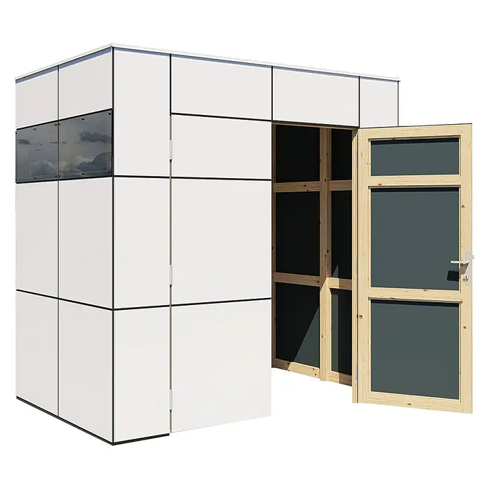 Bertilo Gerätehaus HPL Mini - Außenmaß inkl. Dachüberstand (B x T): 160 x 230 cm, Holz, Weiß - Weißer Kubus mit Fenster und offener Holztür, der einen modernen und einladenden Raum zeigt. Ideal für Garten oder Terrasse.