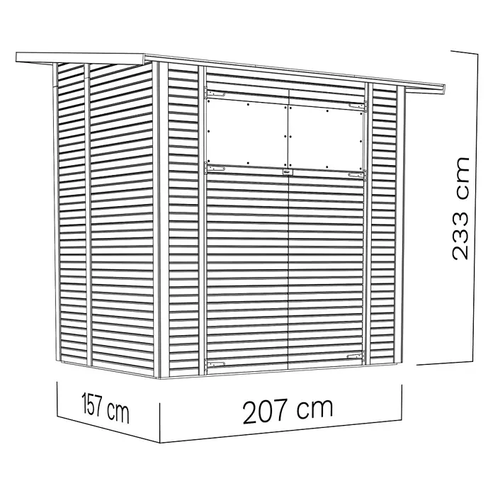 Bertilo Gerätehaus Pent Modern - Außenmaß inkl. Dachüberstand (B x T): 157 x 207 cm, Holz - Abbildung eines Gartenhauses mit den Maßen 233 cm Höhe, 207 cm Länge und 157 cm Breite. Ideale Größe für kleine Gärten.
