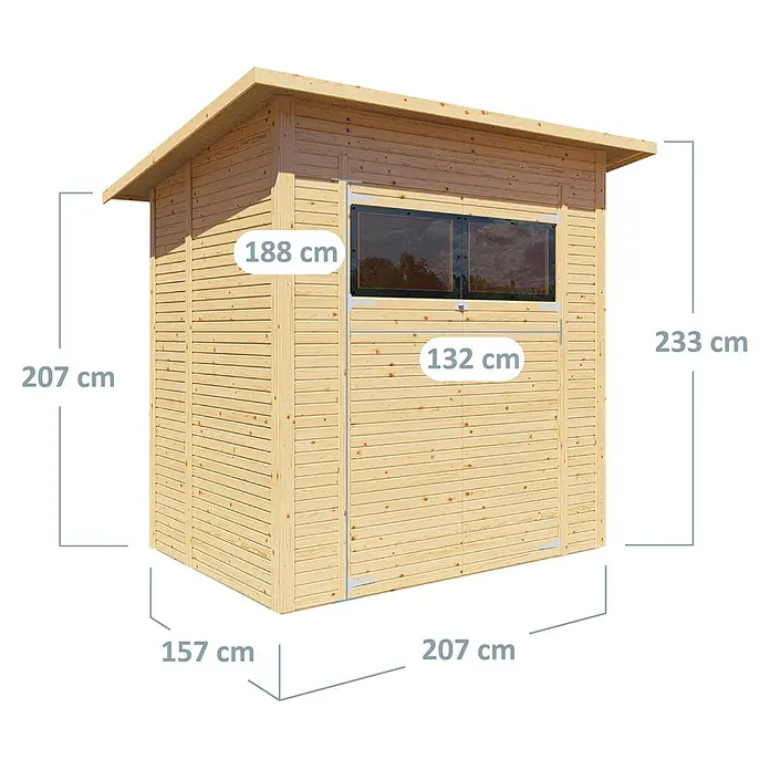 Bertilo Gerätehaus Pent Modern - Außenmaß inkl. Dachüberstand (B x T): 157 x 207 cm, Holz - Abmessungen des Holzgartenhauses mit sichtbaren Größenangaben in Zentimetern. Die Hütte ist aus hellem Holz gefertigt.