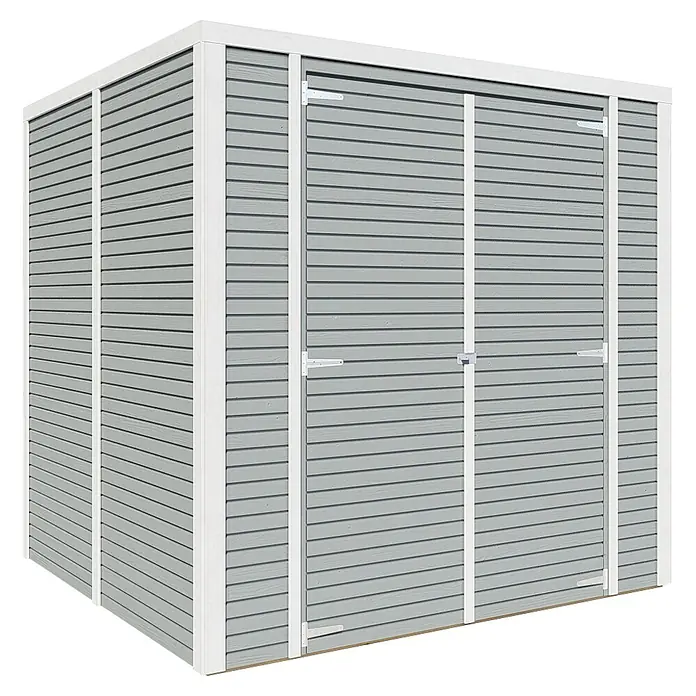 Bertilo Gerätehaus Box 3 - Außenmaß inkl. Dachüberstand (B x T): 212 x 212 cm, Holz, Grau - Ein geräumiger Gartenschuppen aus grauem Holz mit weißen Akzenten und Doppeltüren für zusätzlichen Stauraum im Freien.