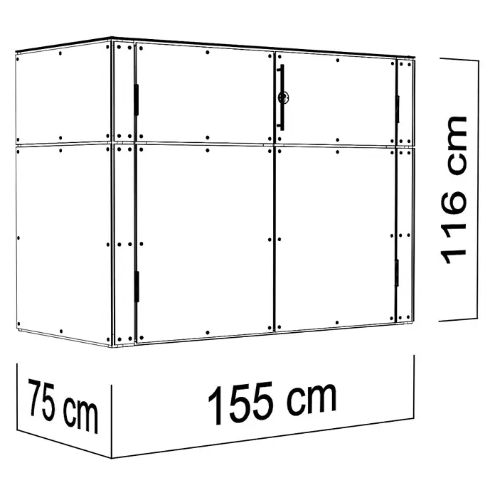 Bertilo Gartenschrank HPL Terrace - Außenmaß inkl. Dachüberstand (B x T): 75 x 155 cm, Holz, Weiß/Anthrazit - Abbildung eines Schranks mit den Maßen 116 cm Höhe, 155 cm Breite und 75 cm Tiefe. Der Schrank hat eine rechteckige Form und ist detailliert gezeichnet.